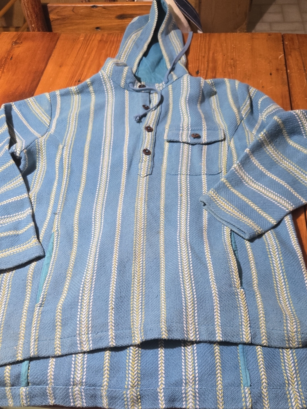 The Territory Ahead Blue & Cream Striped Hooded Pullover Cotton Sz M